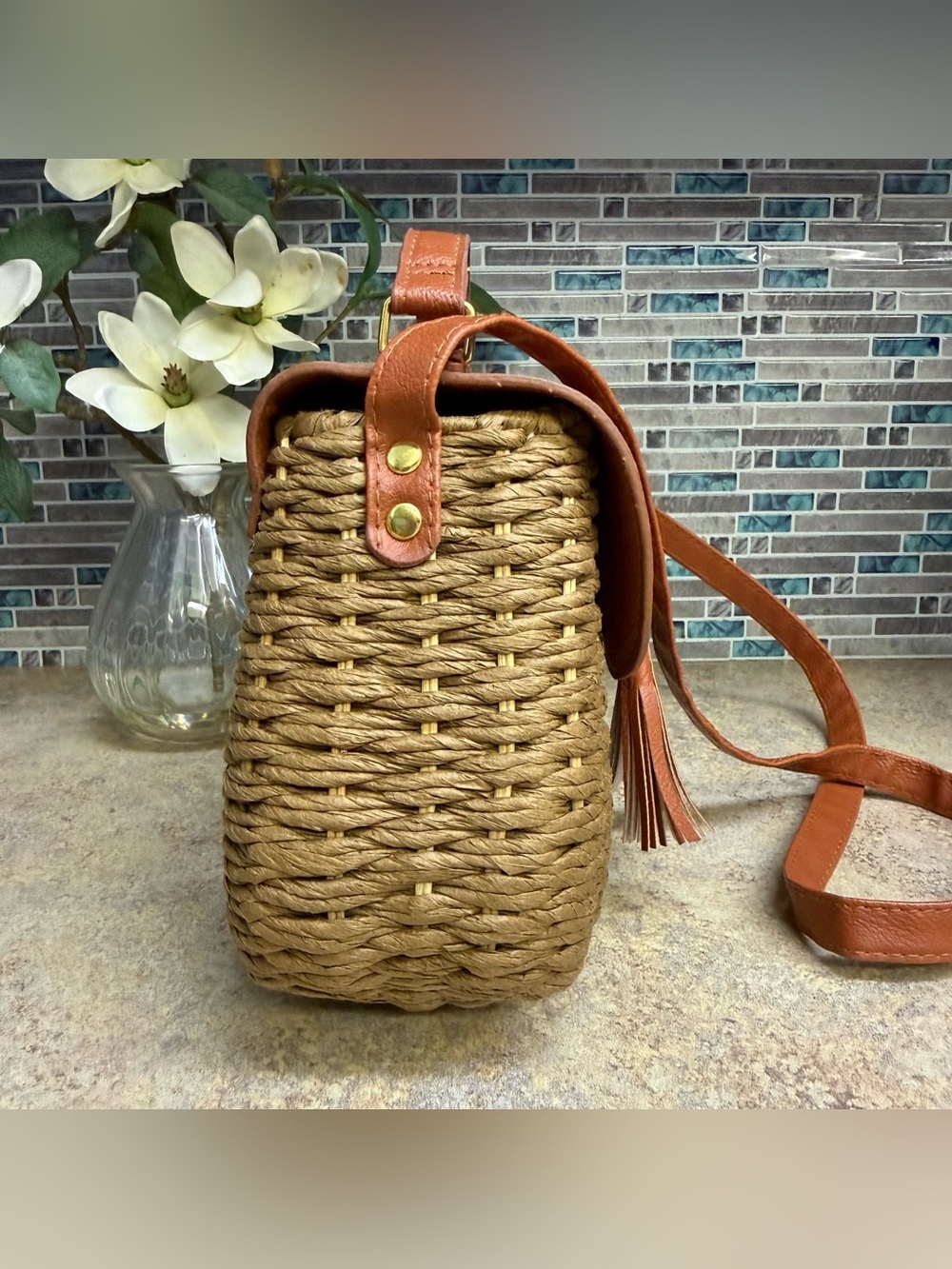 Hand woven Jute and vegan leather purse - Picture 6 of 9